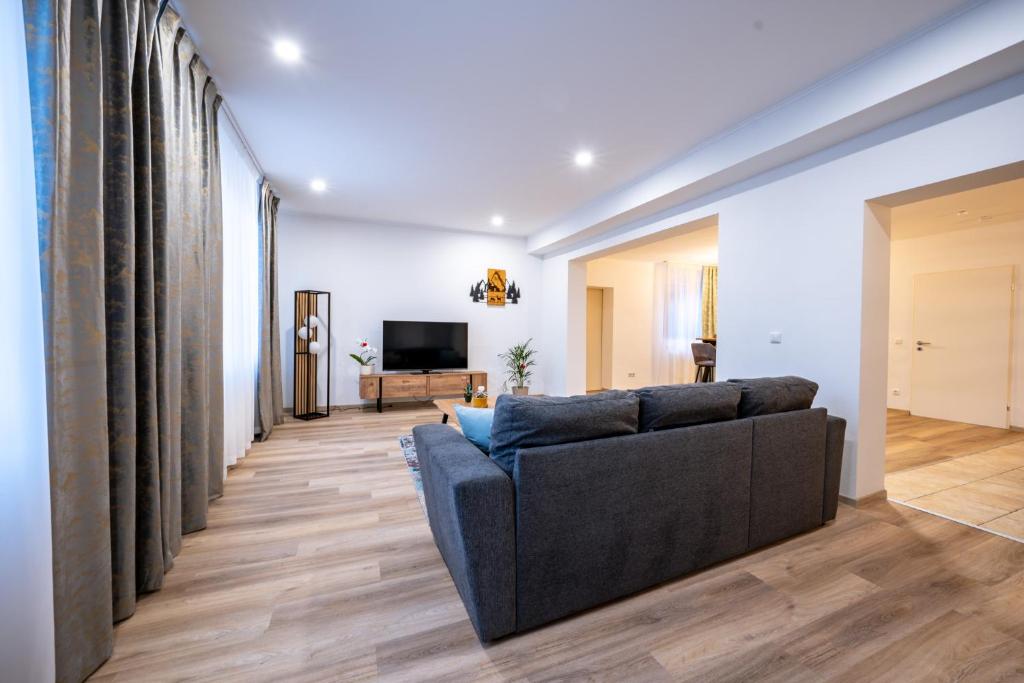 a living room with a couch and a television at Central Gerolstein Panorama Apartment in Gerolstein