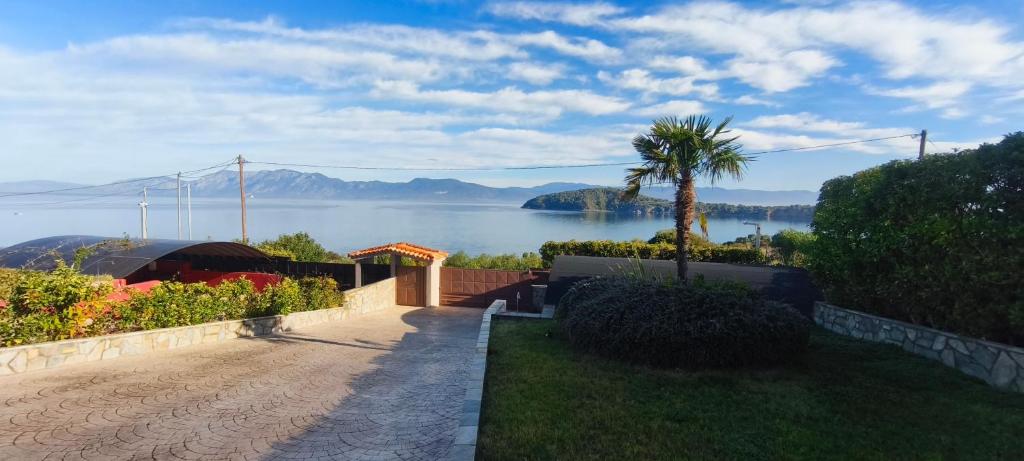 a house with a palm tree and a view of the water at Sea & Mountain View Apartment in Chalkida