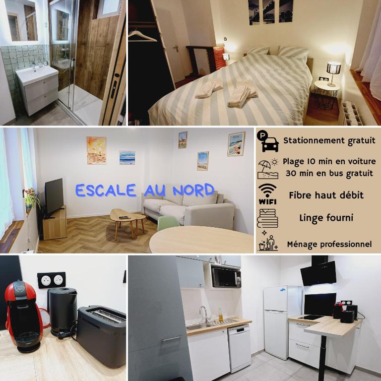 a collage of two pictures of a room at Escale au Nord in Dunkerque