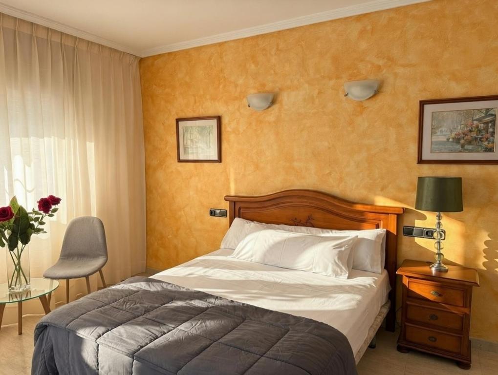 a bedroom with a bed and a table with a chair at Hotel Mesón el 21 in Almería