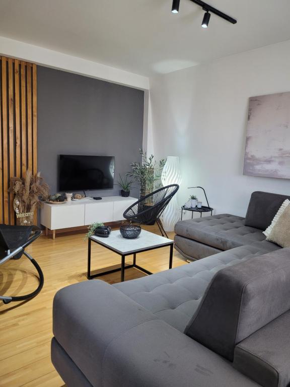 a living room with a couch and a table at Apartman Riva Panoramska terasa & Privatna Garaža in Kraljevo