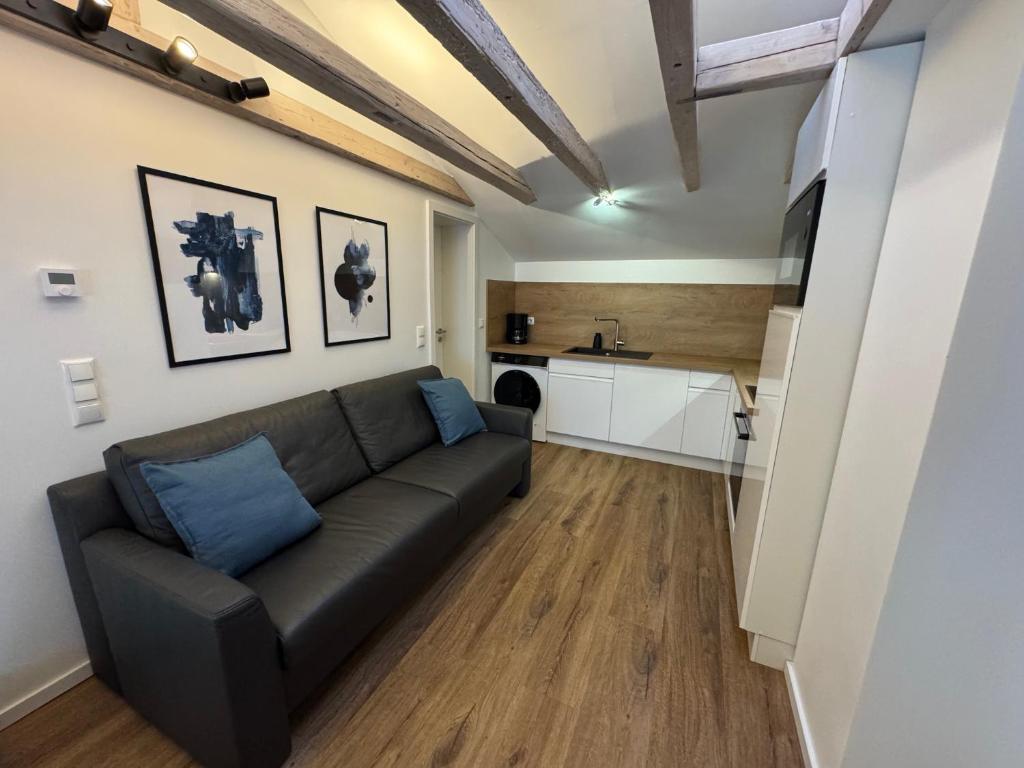 a living room with a couch and a kitchen at Melem Apartments 2 in Langen