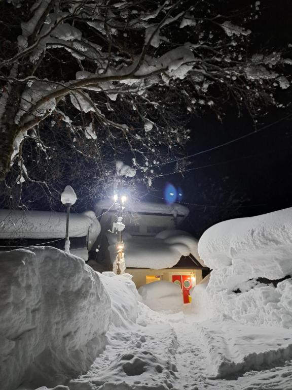 a snow covered yard at night with a street light at 宿小町や in Senboku