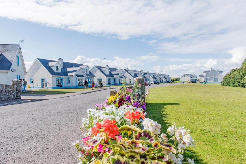 una fila de casas con flores en una calle en Portbeg Holiday Homes at Donegal Bay, en Bundoran