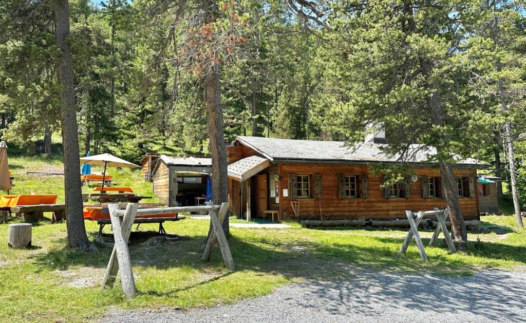 a log cabin with a picnic table in front of it at Bergunterkunft Ova Spin in Zernez