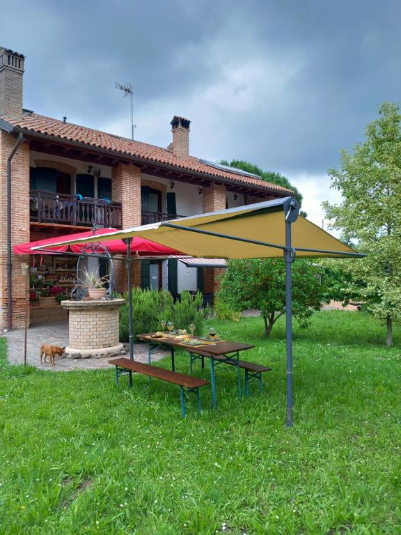 a large yellow umbrella in front of a house at Enoturismo Dofinè in Due Carrare