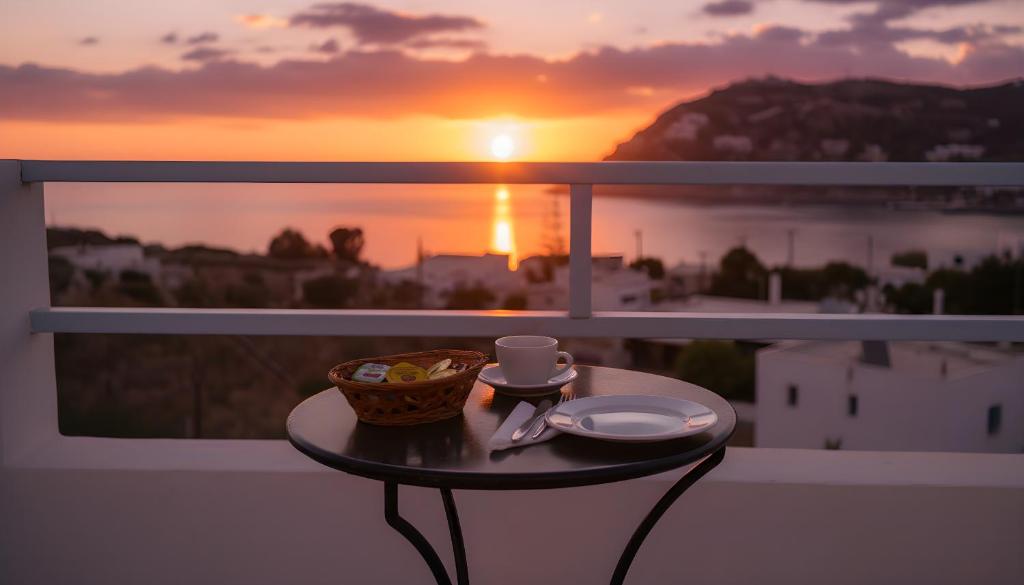 a table with a cup and a bowl of food on a balcony with the sunset at Lume d'Oro Syros in Kini