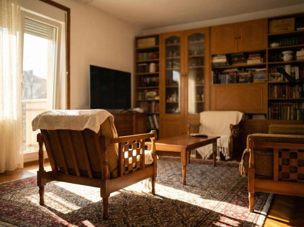 a living room with a chair and a table and a television at Golden Bay Apartment in Kotor