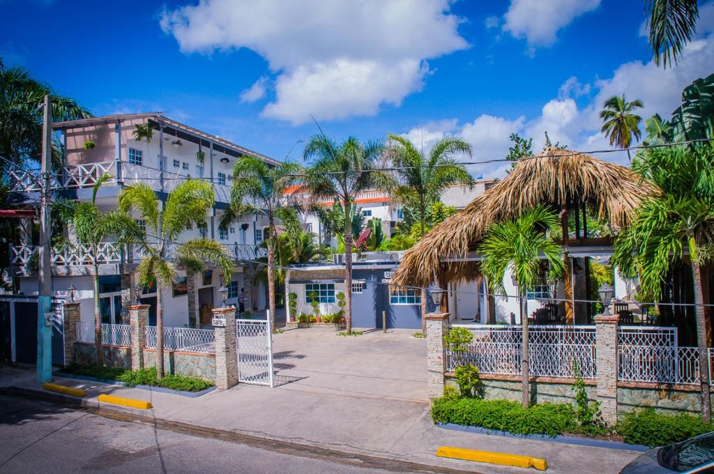 une rangée de bâtiments dans une rue bordée de palmiers dans l'établissement Batey Hotel Boutique, à Boca Chica