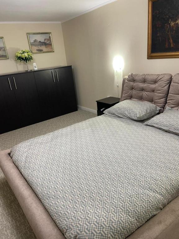 a bedroom with a large bed and a dresser at Pensiunea Ada in Balta Verde