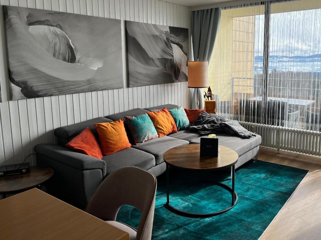 a living room with a couch with colorful pillows at Sofias Alpenpanorama inkl Aktivcard Bayerischer Wald in Freyung
