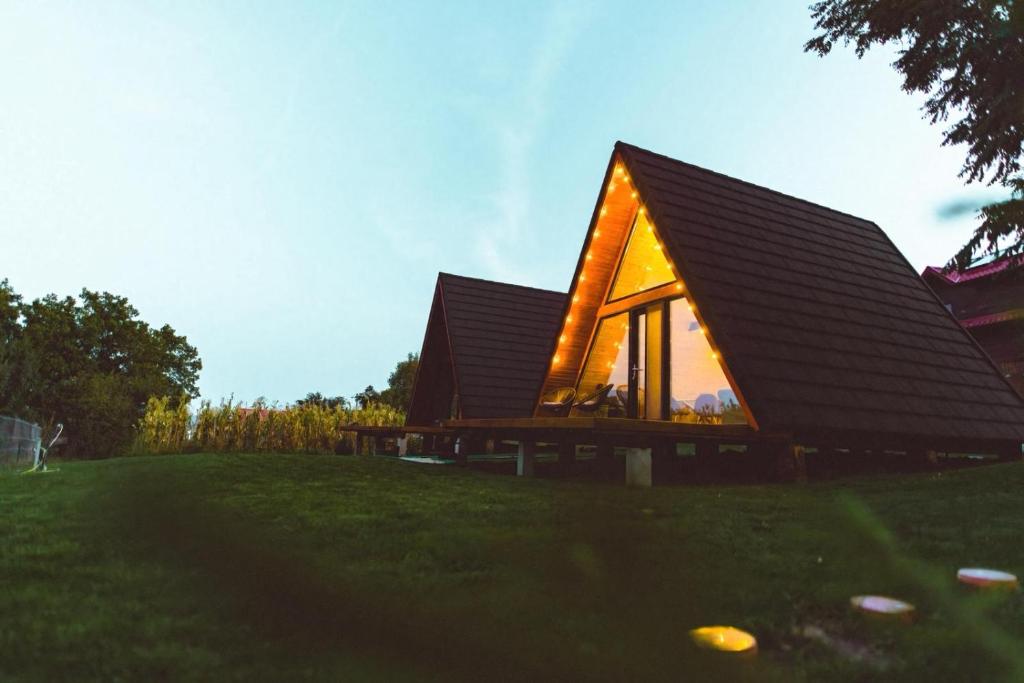 a house with a black roof on a green field at MooN by Sun&Moon Cabins in Măneciu