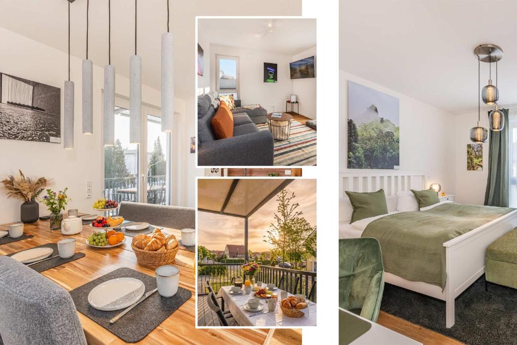a collage of photos of a living room and a bedroom at Ostseebude in Loddin