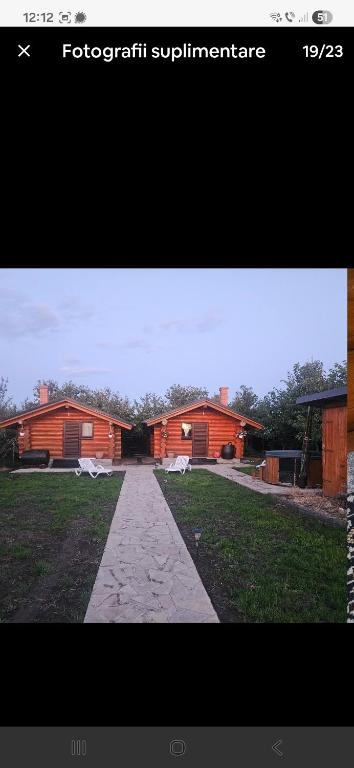 a picture of a house with a pathway in front of it at Căbănuțe lemn cu ciubăr in Varvata