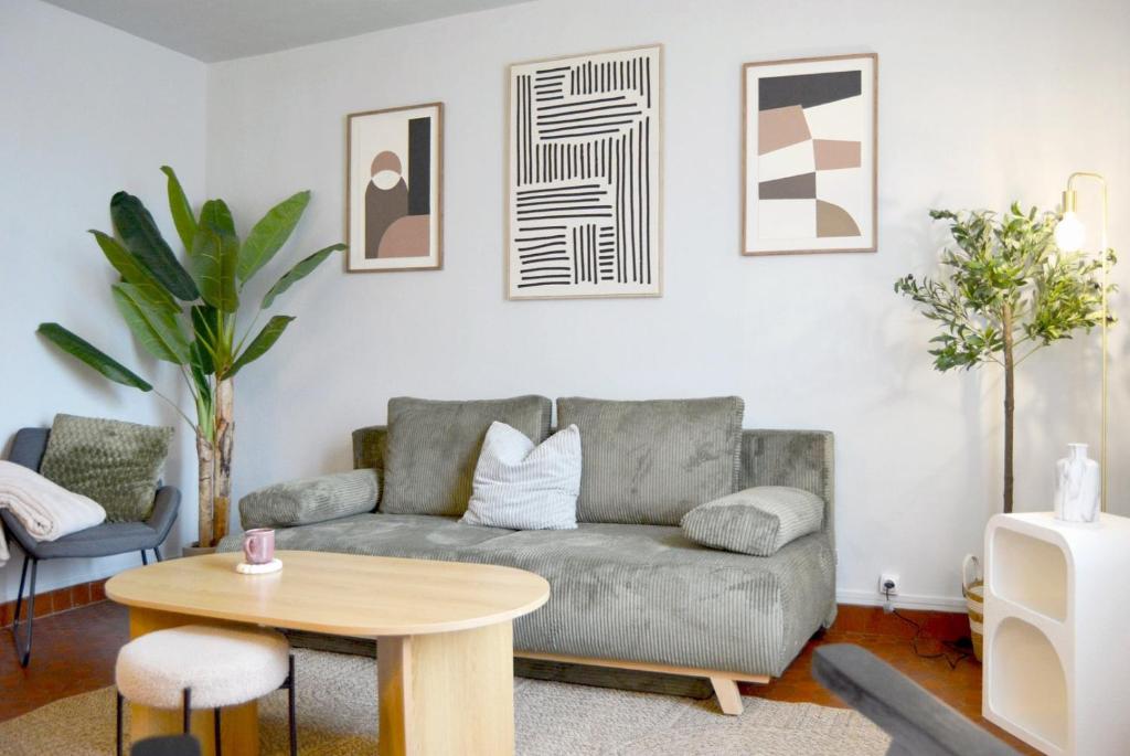 ein Wohnzimmer mit Sofa und Tisch in der Unterkunft Le Conki ( Parking gratuit ) in Chartres