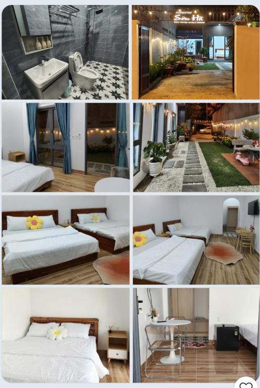 a collage of photos of a hotel room at Sơn Hà homestay in Ấp Bình Hưng