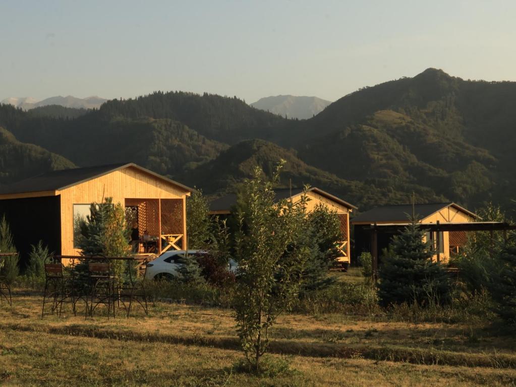 a couple of houses with mountains in the background at Aglamp Almaty in Besqaynar