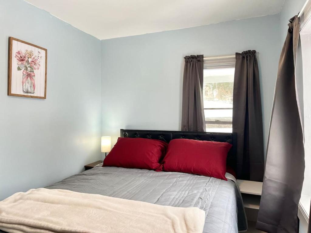 a bedroom with a bed with red pillows and a window at Private Room-Shared Common Spaces-Queen Bed in Johnson City