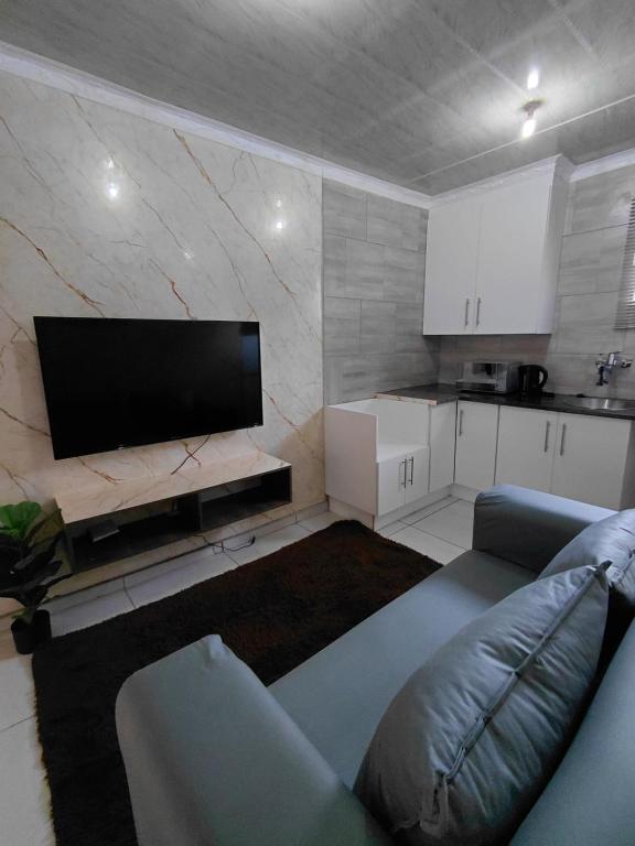 a living room with a couch and a flat screen tv at Mama R's Budget-friendly BACKROOM 3 in Newcastle
