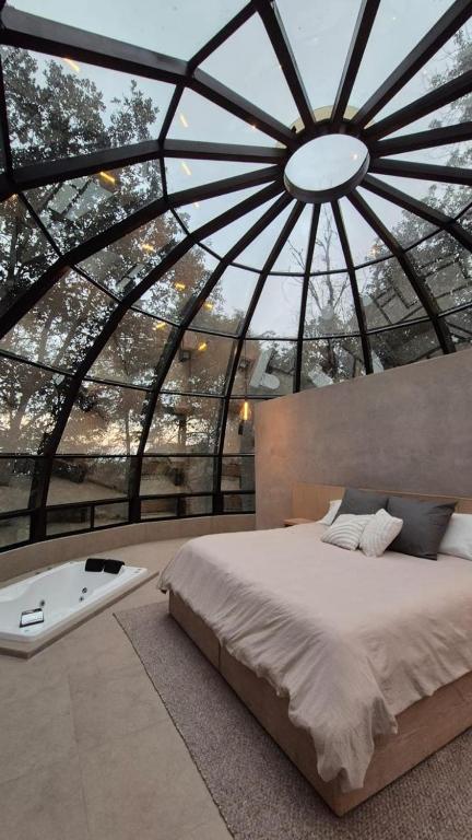 a bedroom with a large room with a bed and a tub at Mineral Glamping Experience in Mineral del Chico