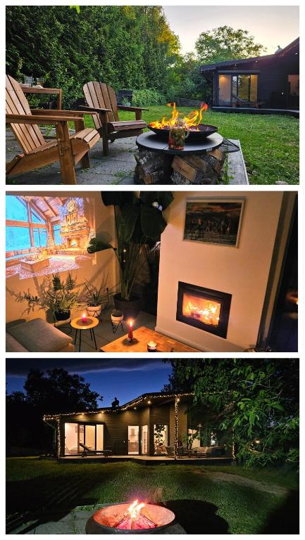 two pictures of a house with a fire pit at Black Walnut House with indoor outdoor fireplace in Izvoarele