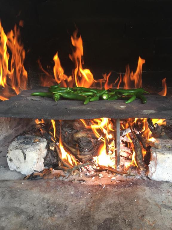 ein Feuer mit grünem Pfeffer, der auf einem Grill kocht in der Unterkunft Luylyana Guesthouse in Ribarica