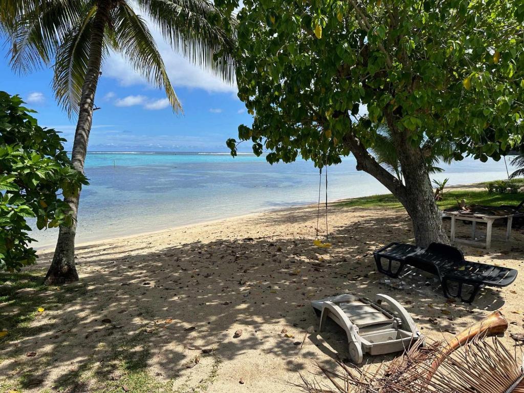 a hammock on the beach under a tree at 3BR Beachfront Villa Steps from the Lagoon in Paopao