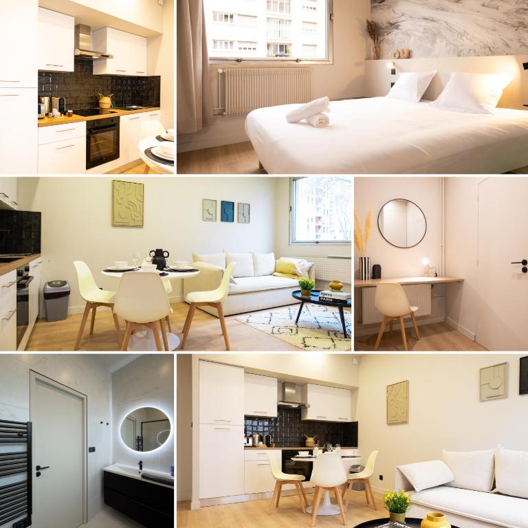 a collage of photos of a bedroom and a living room at Le Rhône - Aux Charmes Lyonnais ' in Lyon