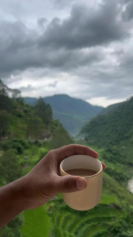 a hand holding a cup of coffee looking out a window at Panwar home stay in Partābnagar