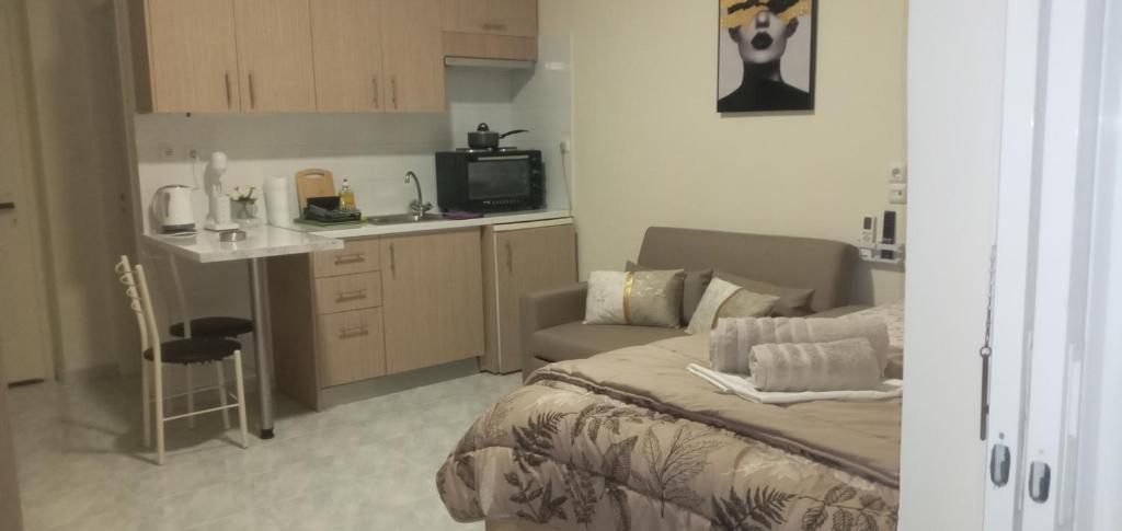 a room with a bed and a kitchen with a couch at elia patra apartment 2 in Patra