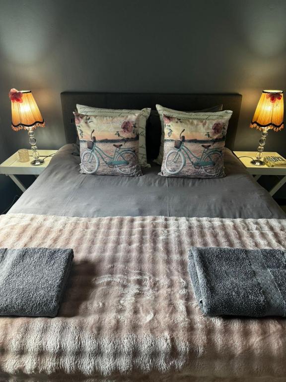 a bedroom with a bed with two lamps on two tables at Kort a Moi in Lichtenburg