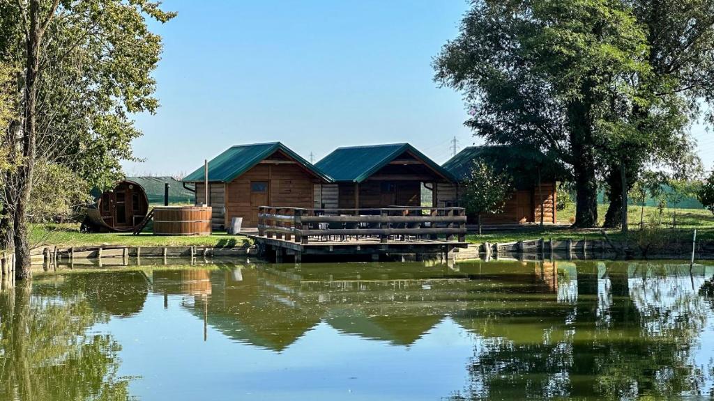 a log cabin next to a lake with trees at Savoy Village in Čokadinci