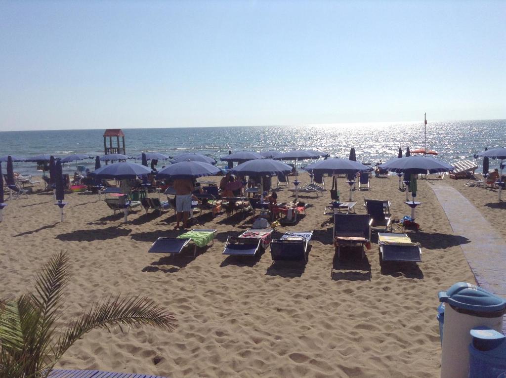 una spiaggia con sedie e ombrelloni e l'oceano di Bed &Breakfast Pinetamare a Castel Volturno