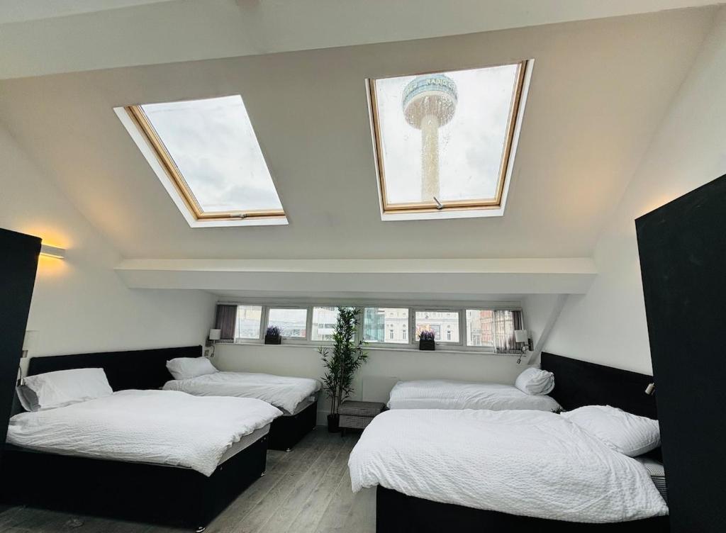 three beds in a room with three windows at Williamson Suites - Apartment 2 in Liverpool