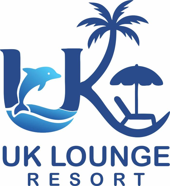 a logo for uk lounge resort with a dolphin and a palm tree at UK Lounge Resort in Trincomalee