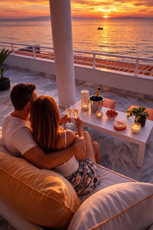 a man and woman sitting on a couch watching the sunset at Nefeli Seaside Apartment Elegant Stay Near the Beach in Polychrono