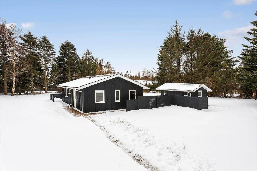 a black cabin in the snow with trees in the background at TV1705-Bindslev-Nordkapvej-4 in Tversted