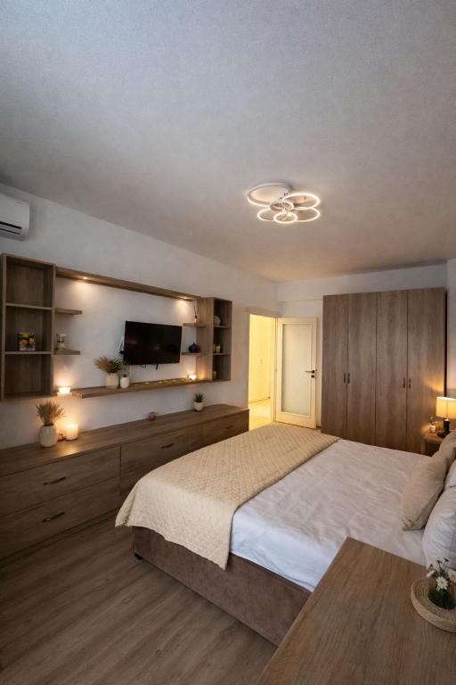 a bedroom with a large bed and a flat screen tv at Cozy space in Iaşi