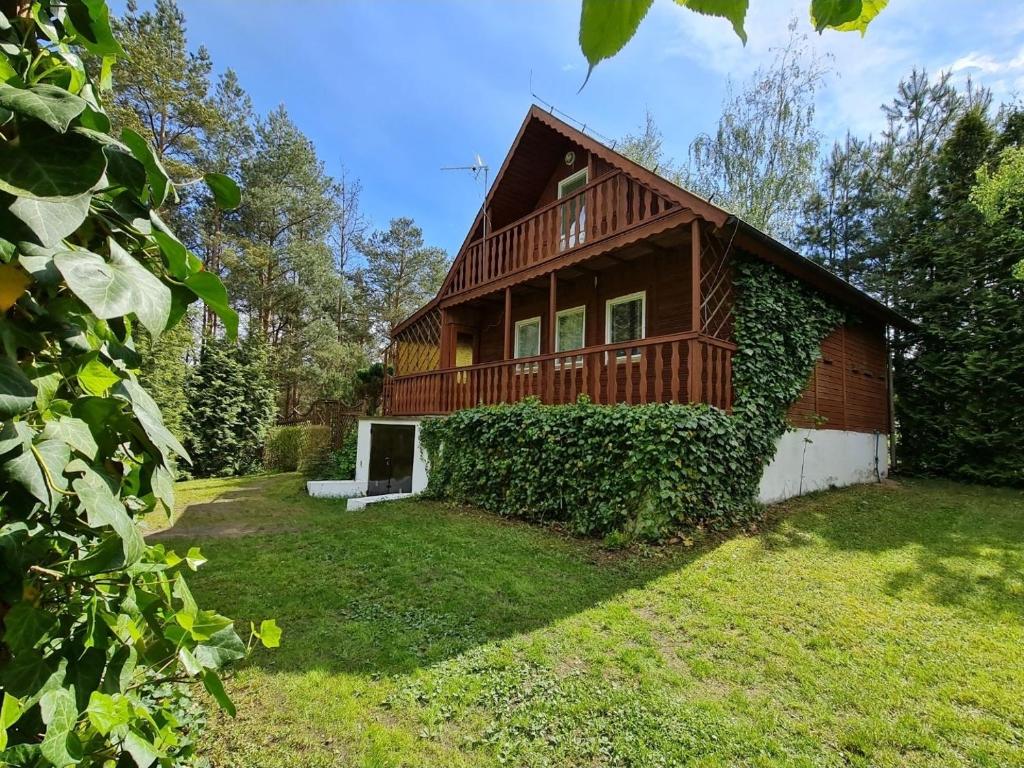a wooden house with a yard in front of it at Domek nad jeziorem Anastazewo in Anastazewo