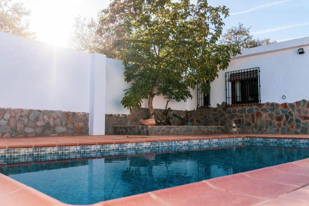 a swimming pool in front of a white building at casa rural Cerro laute in Lanjarón