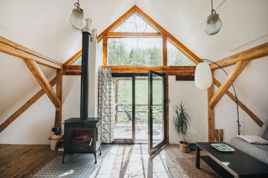 a living room with a fireplace and a window at Gospodarstwo ekoturystyczne ARTYSTYKA in Bystrzyca Kłodzka