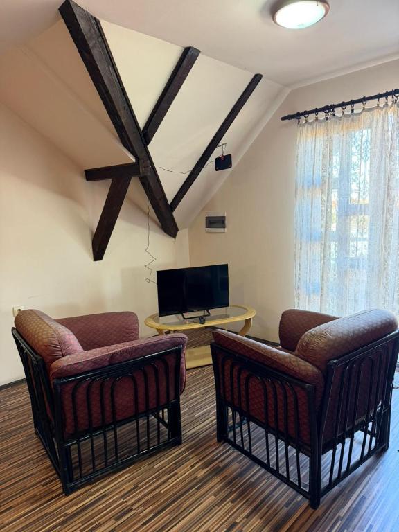 ein Wohnzimmer mit zwei Sesseln und einem Fernseher in der Unterkunft Pecinci Hostel in Pećinci