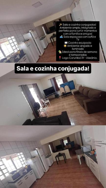 two pictures of a living room and a living room at Rancho Carvalho in Alexânia
