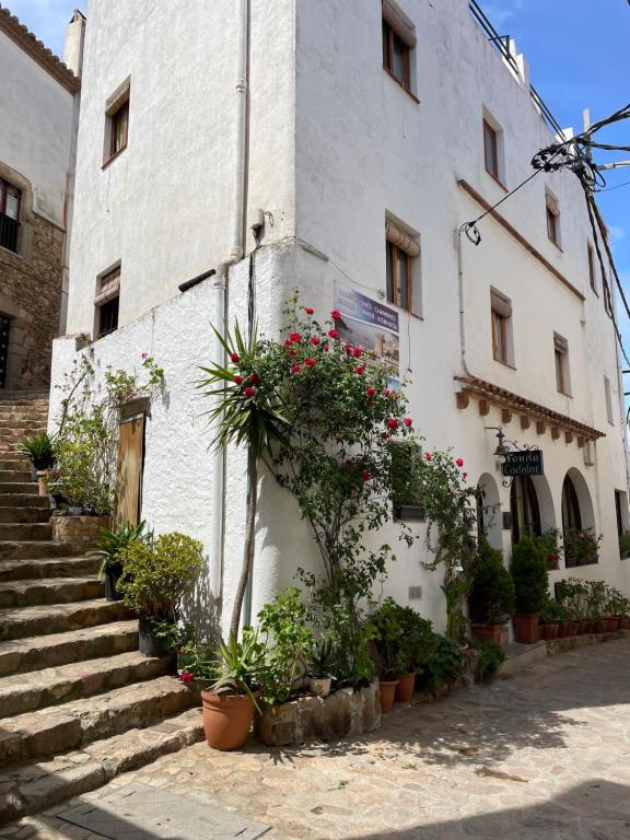 a building with potted plants on the side of it at P&R hostals Codolar in Tossa de Mar