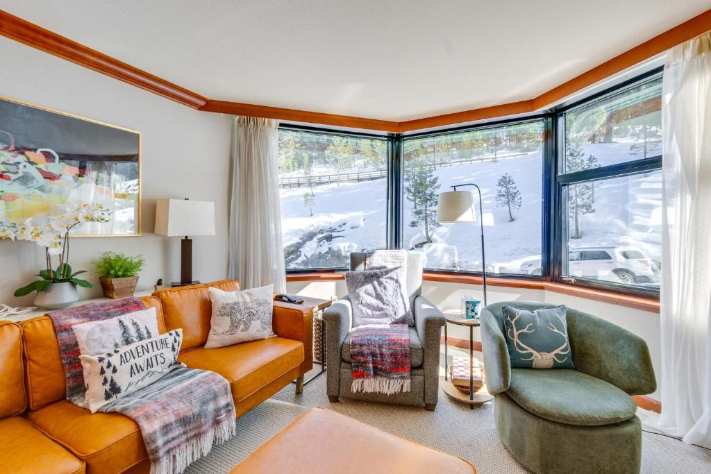 a living room with a couch and chairs and windows at Everline Suite w/ Resort Perks! 7 Mi to Lake Tahoe in Olympic Valley