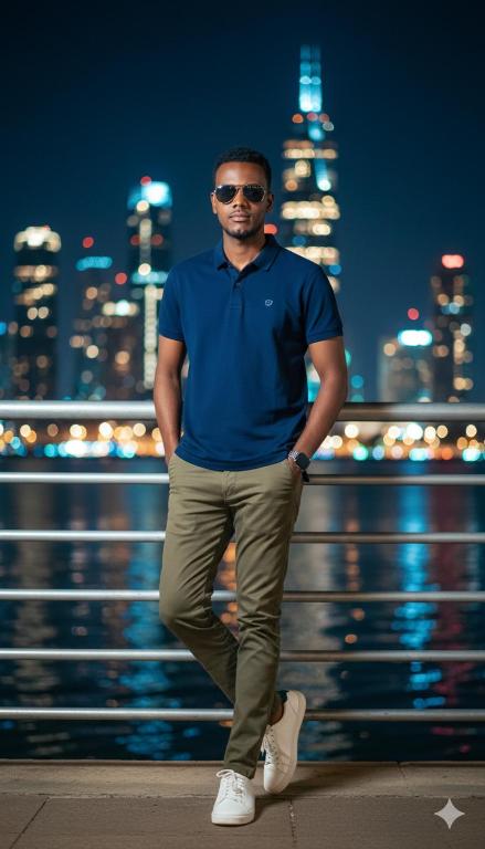 a man standing in front of a city skyline at Mohammed in Dirē Kʼalu