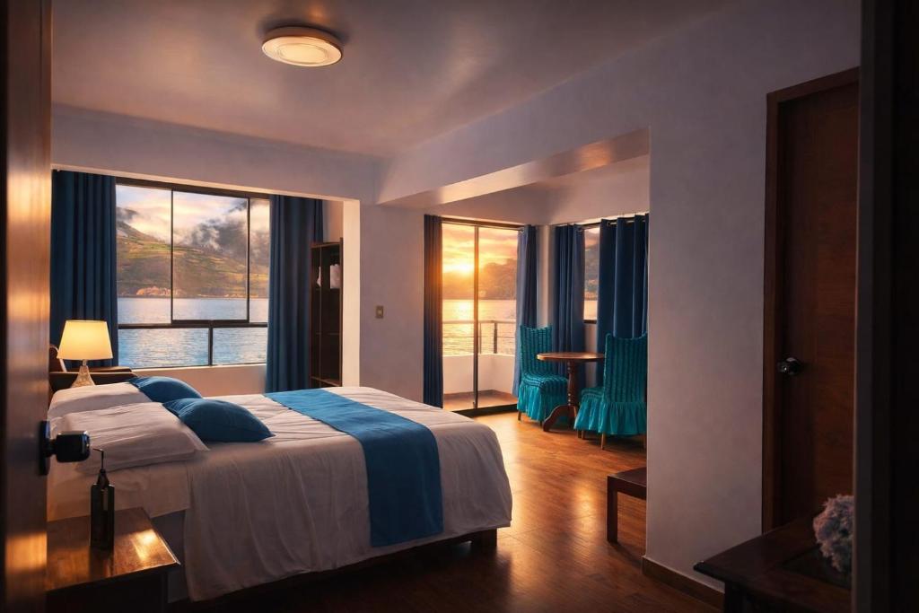 a bedroom with a bed and a large window at Mi Hacienda Pacucha in Andahuaylas