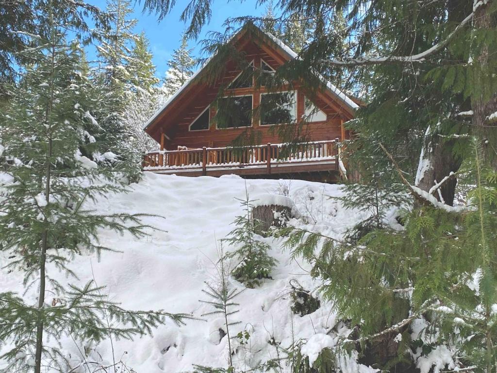 a log cabin in the snow with trees at Creekside Cabin - Ski Chalet in Packwood