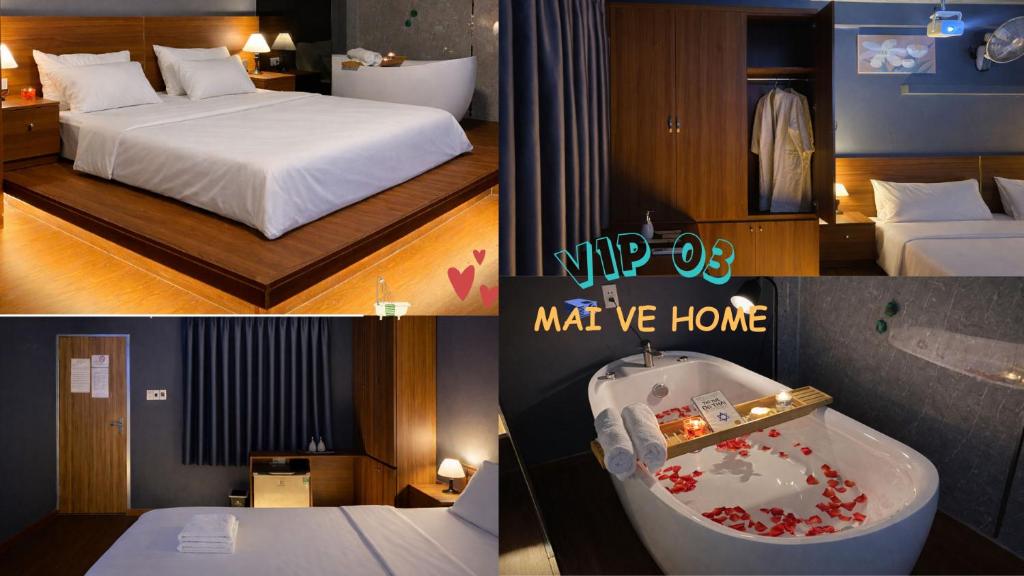 a hotel room with a bed and a bath tub at Mai Ve Home in Lương Xâm