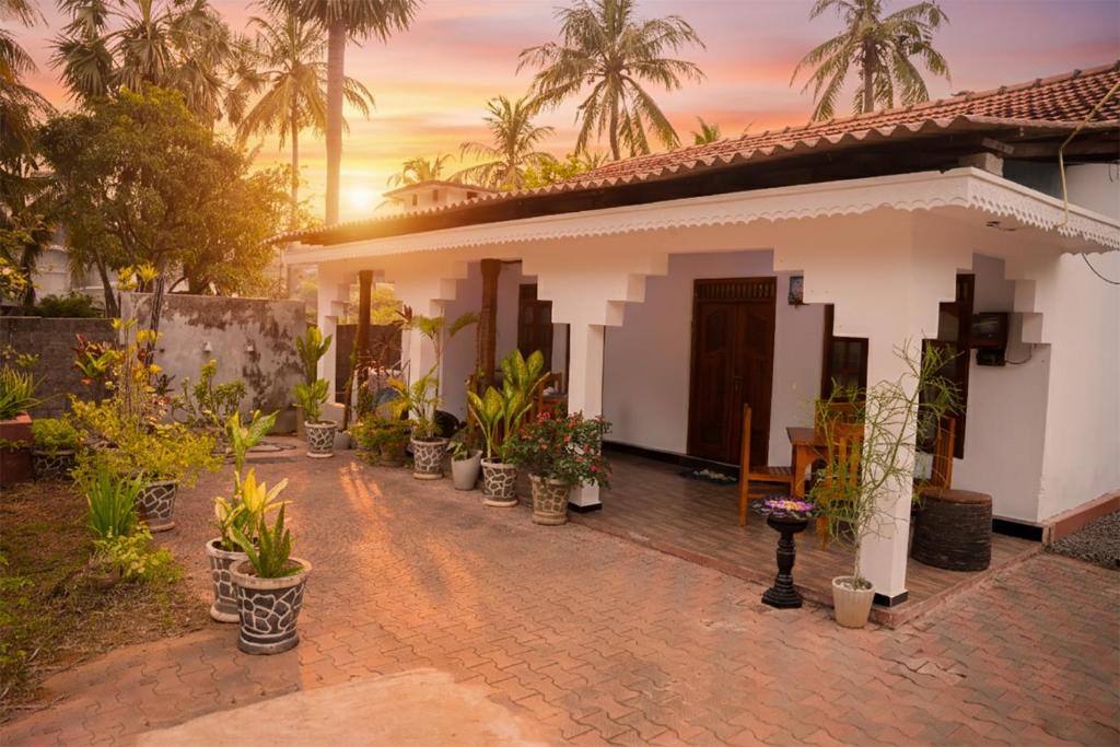 a house with potted plants in front of it at Guru Guest House in Trincomalee